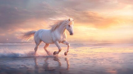A wild horse running freely across a beach at sunset, its mane flowing in the wind, representing untamed grace and freedom.