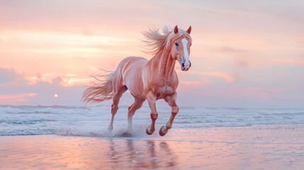 A wild horse running freely across a beach at sunset, its mane flowing in the wind, representing untamed grace and freedom.