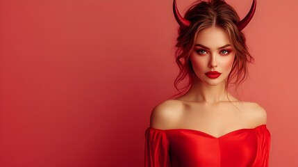Fototapeta premium Alluring Devil Woman in Red Halloween Costume Wearing Horns Against Solid Color Background