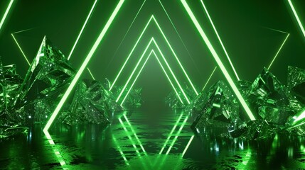 Green Neon Background. Three-Dimensional Fantastic Wallpaper with Crystal Geometric Shapes