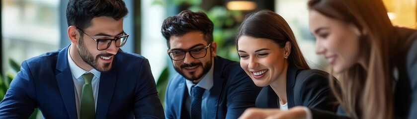 Corporate team collaborating on green bond strategies, commitment to green finance