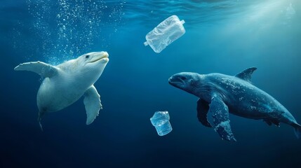 Obraz premium Aquatic mammals feeding in waters polluted with microplastics, showing the broader impact on the food chain.
