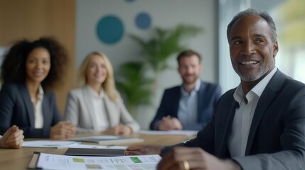 Diverse corporate team presenting green bond performance reports, eco-focused meeting