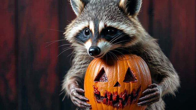 A cute raccoon holding a carved Halloween pumpkin with a spooky face, perfectly capturing autumn and Halloween festivities