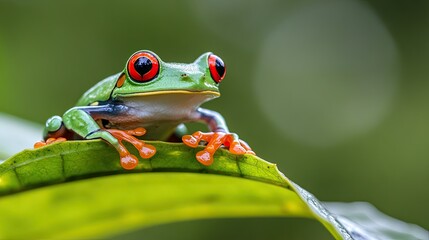Naklejka premium A Red-eyed tree frog hunting for insects on a leaf, its long, sticky tongue extended and ready to strike.