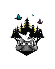 A person holding a white dove in their hands, surrounded by silhouettes of trees and butterflies.