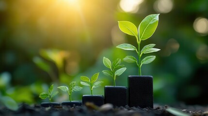 Growing bar chart with leaves at the top, soft bokeh light effect, sustainable profits, financial progress