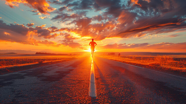Man jogging towards sunset on a rural road