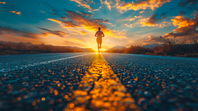 Person running at sunset on an empty road