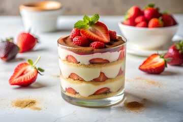 Perfectly Arranged Layers of Ladyfingers, Custard, and Strawberry Puree, Topped with Mint Garnish in a Glass. Standout Treat for Summer Gatherings and Elegant Dining Experiences