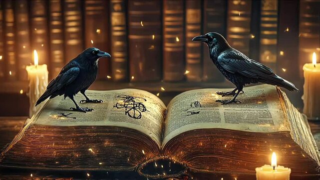Close-up of a wizard's grimoire book open to ancient incantations, with a crow perched nearby, in a shadowy library filled with arcane knowledge and flickering candles