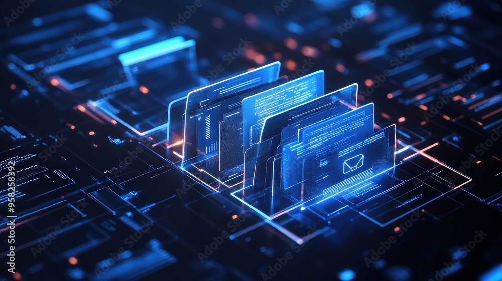 Poster abstract network grid with files and folders, futuristic software interface, digital document manage