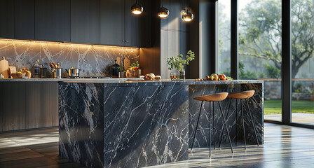 Interior of modern kitchen with black marble walls, concrete floor, gray countertops with built in sink and cooker.