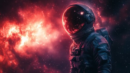 "Astronaut in space suit standing in front of bright red nebula, cosmic exploration, deep space adventure, futuristic technology, galaxy background, science fiction"