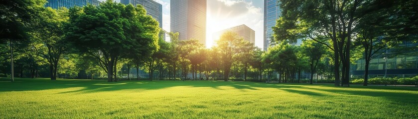 Obraz premium Sustainable business model presentation, copy space, corporate eco-strategies, vibrant, overlay, urban park backdrop