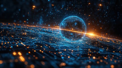 Blue digital hologram of a globe in a futuristic technology world, connected by glowing lines and data points, symbolizing global connectivity and virtual reality, tech concept background.