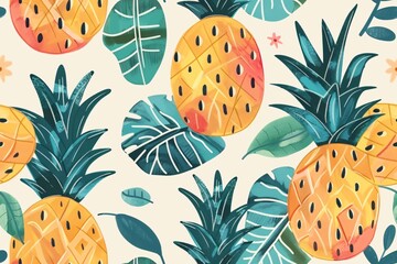 A botanical pattern featuring large blue leaves and soft tropical fruits on a light beige background.
