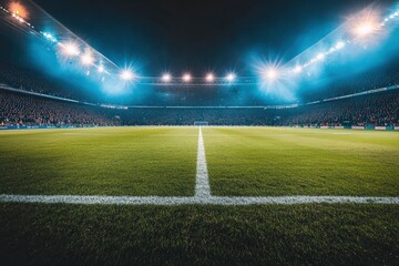 Aesthetic Shot of a Big and Empty Soccer Football Stadium With Crowd Of Fans Cheering in Excitement Before the Match. Lights Are Shining on The Sports Arena Grass Field. Sold Out Stadium Concept ,  ai
