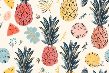 Vibrant Pineapple Pattern with Watermelon Slices on Cream Background Illustration