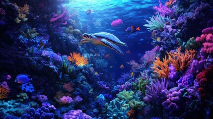 Fototapeta premium A serene underwater landscape featuring a plethora of marine life, from darting neon fish to a slow-moving sea turtle amidst colorful coral gardens