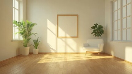 Sunlit Minimalist Interior with Plants, Armchair, and Empty Frame for Mockup. 3D Rendering.