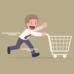 Business man pushing trolley conceptual flat illustration. Creative simple flat illustration.