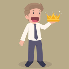 Businessman King Holding Golden Crown. vector illustration