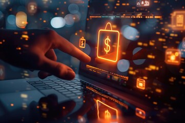 Person Using Laptop with E-commerce Financial Icons Overlay in a Digital Environment.