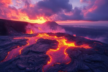 Fototapeta premium cataclysmic volcano eruption molten lava explodes against fiery sunset sky illuminating surrounding landscape in otherworldly glow aweinspiring display of natures raw power and primal beauty