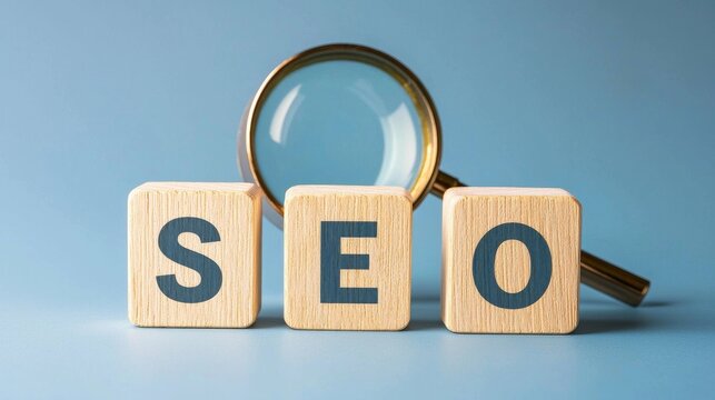 A close-up of wooden blocks displaying the word SEO with a magnifying glass, symbolizing search engine optimization concepts.