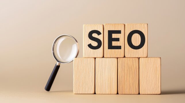 A creative composition featuring wooden blocks with SEO letters and a magnifying glass, symbolizing online marketing strategies.