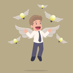 Businessman Fly on a light bulb with wings. The concept of finding an amazing idea, creative inspiration, business insight. vector illustration