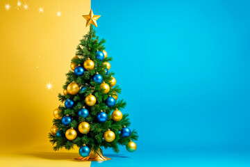 happy sunny new year with a green fir tree decorated with yellow and blue balls on a light golden background