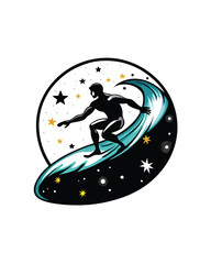 A silhouette of a person surfing on an ocean of stars.