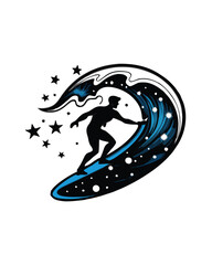 A silhouette of a surfer riding a wave made of stars.