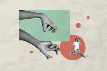 Creative abstract collage of happy man liar hold megaphone run angry hand human victim...