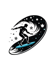 A person surfing on an ocean of stars.