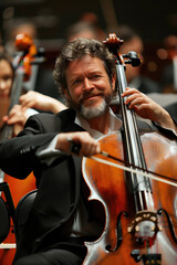 Fototapeta premium Smiling middle-aged cellist performing with orchestra.