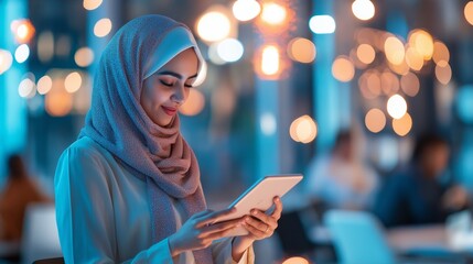 woman in hijab using tablet, blurred lights creating bokeh effect in background