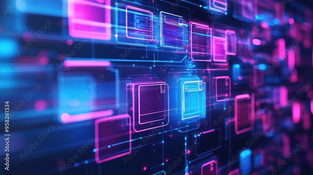 Poster abstract network grid with files and folders, futuristic software interface, digital document manage