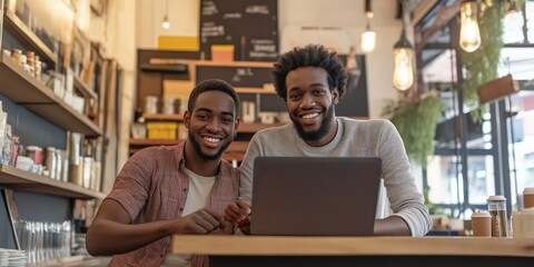 Obraz premium Two men are sitting at a table with a laptop in front of them. They are smiling and seem to be enjoying their time together