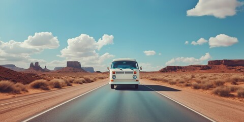 Fototapeta premium A white van is driving down a road in the desert. The sky is clear and the sun is shining brightly. The scene is peaceful and serene