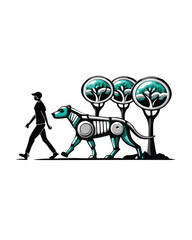A futuristic illustration depicting a person walking their robot dog in a park.