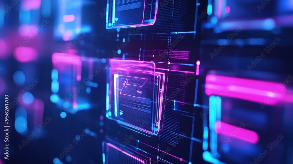 Poster abstract network grid with files and folders, futuristic software interface, digital document manage