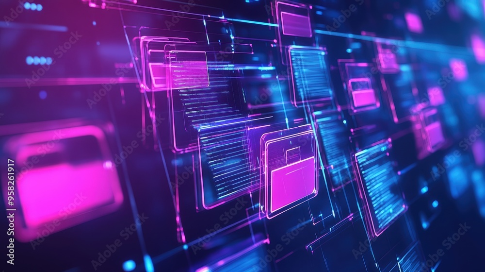 Poster abstract network grid with files and folders, futuristic software interface, digital document manage