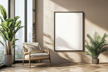 Poster Frame in Beige minimalist living room interior created with generative AI
