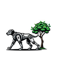 A futuristic illustration of a person walking a mechanical robot dog in a park setting.