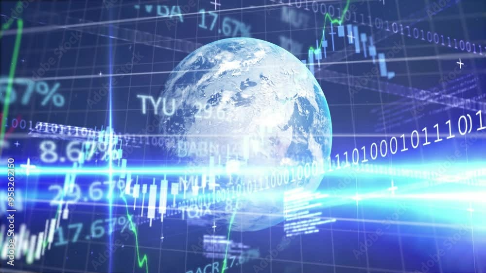 Poster financial data and stock market animation over rotating earth with binary code