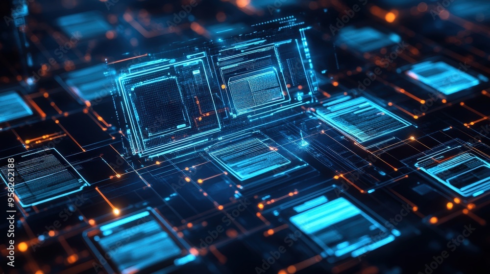 Poster abstract network grid with files and folders, futuristic software interface, digital document manage