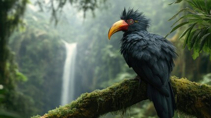 Obraz premium A Wreathed hornbill preening its feathers on a moss-covered branch, with a blurred waterfall and rainforest landscape in the background.